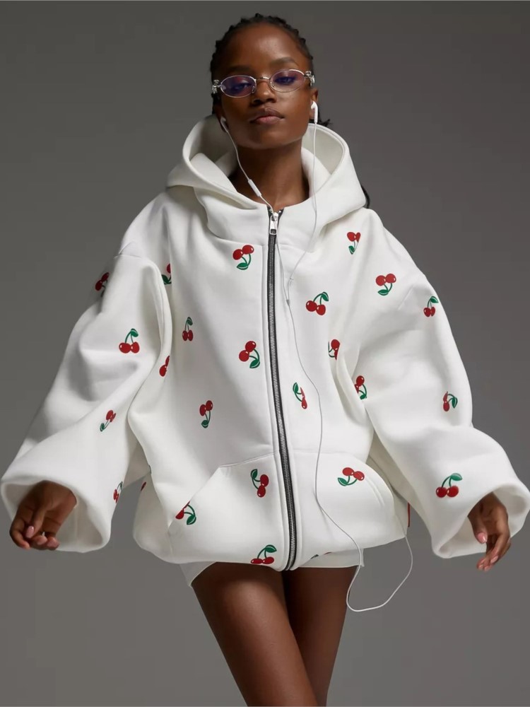 Streetwear Brand Hoodies - Frauen Kirsche Gedruckt Sweatshirt Jacke 2025,